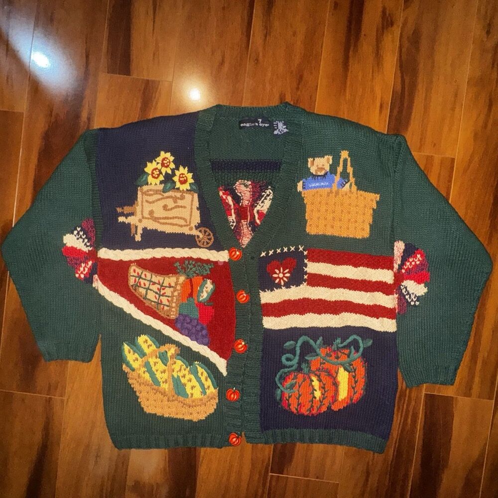 Vintage Eagle’s Eye Longaberger Fall Sweater Cardigan Pumpkins Flag Basket Sz L